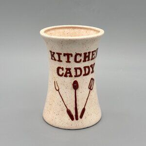 Vintage Ceramic Kitchen Caddy Utensil Holder With Brown Raised Lettering